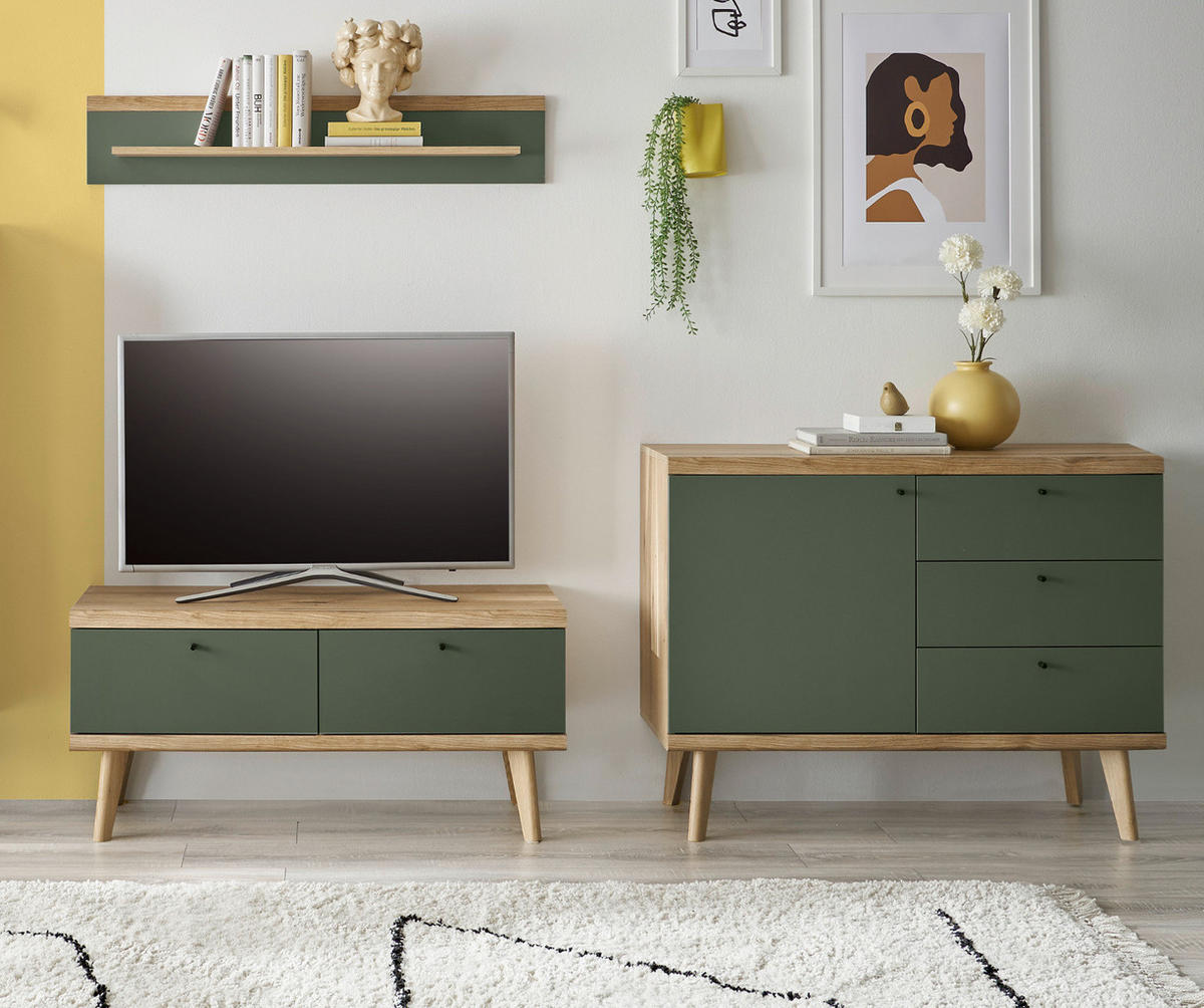 SIDEBOARD Salbei grün, Eiche Evoke, skandinavisch 107 cm, Kommode mit Vollauszug - Salbeigrün/Eichefarben, Holz/Holzwerkstoff (107/83/40cm) - Furn.Design
