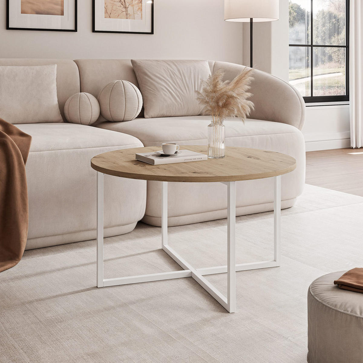 COUCHTISCH BESARO 75/47 cm runden, Weiß / Artisan-Eiche - Weiß/Eiche Artisan, Metall (75/75/47cm) - Idohome