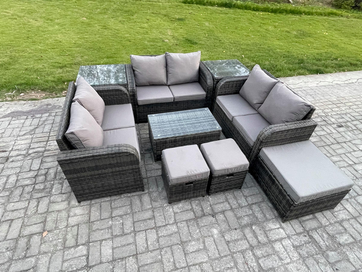 GARTENMÖBELGARNITUR mit KISSEN Polyrattan Dunkelgrau 9-Sitzer - Dunkelgrau/Grau, Glas/Kunststoff - Fimous