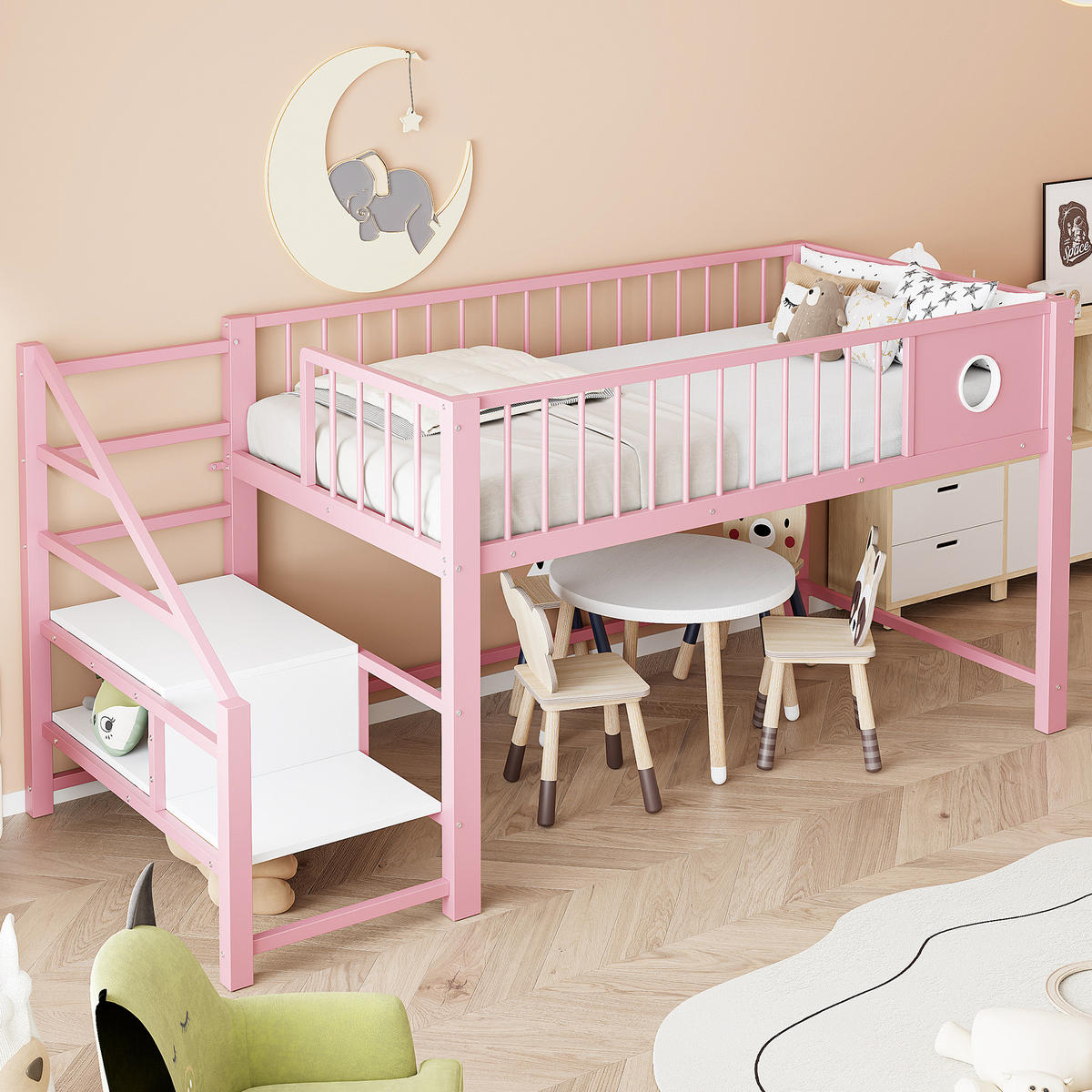 KINDERBETT 90/200 cm DE-01522, in Rosa, mit Aufbewahrungsleiter - Pink, Metall (90/200cm) - ComfortXL