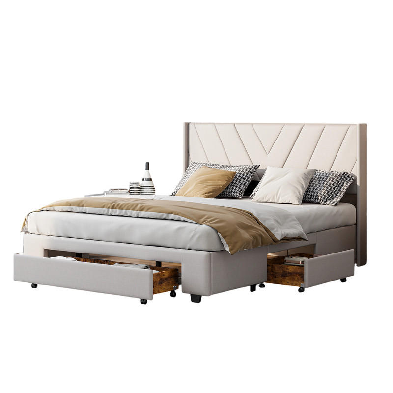 KLÄDD säng 140x200 cm beige med 3 lådor för förvaring - Beige, Metall (140/200cm) - SHOPENTRA