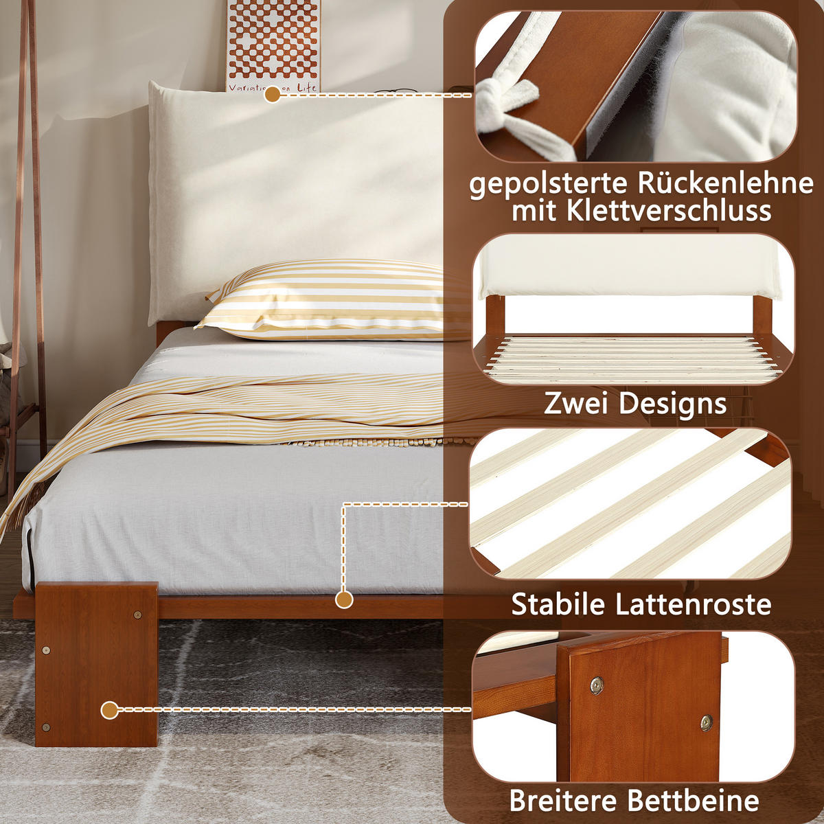 POLSTERBETT 90/200 cm Dunkelbraun aus Holz und Stoff mit gepolsterter Rückenlehne - Braun, Textil (90/200cm) - OKMYHOME