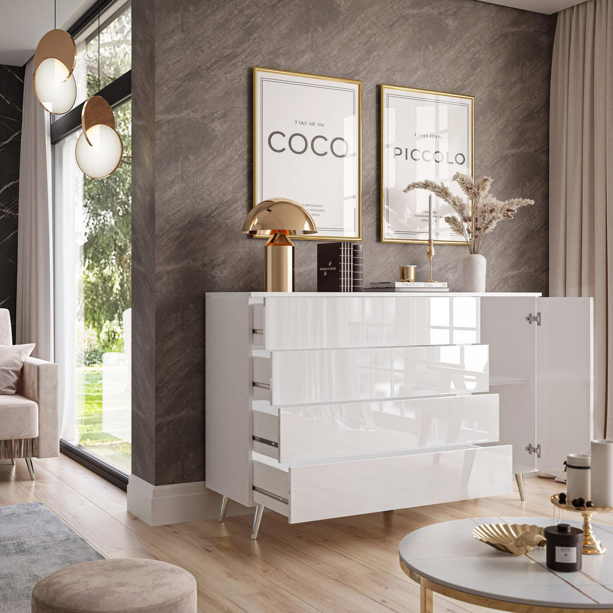 KOMMODE AURA II mit LED-Beleuchtung PUSH OPEN Beinfarbe – Chrom - Weiß, Holzwerkstoff (138/84/40.6cm) - Lookway