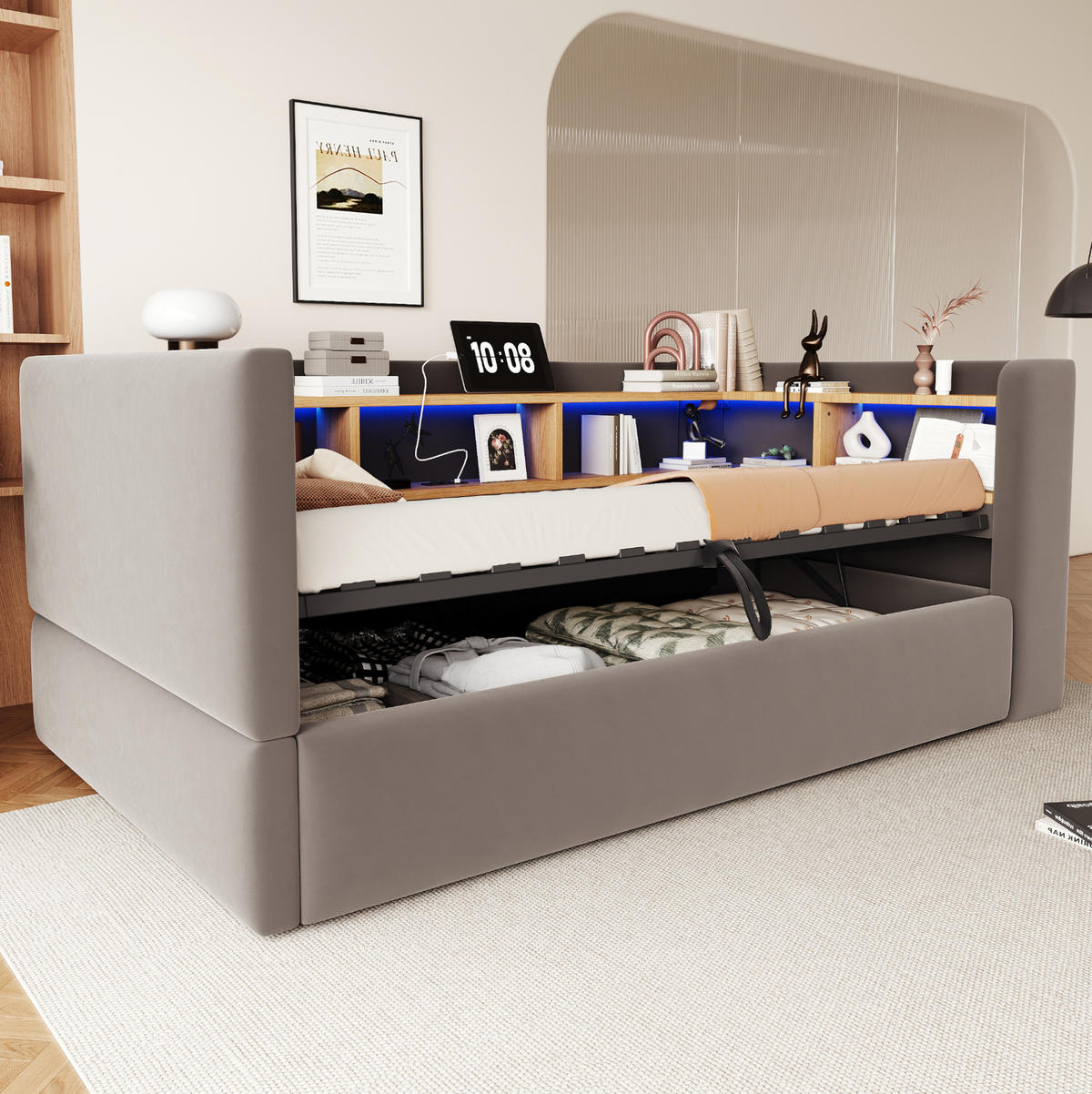 POLSTERBETT 90/190 cm aus Flanell mit LED/Steckdosen und Stauraum, Dunkelgrau - Dunkelgrau, Textil (90/190cm) - OKMYHOME