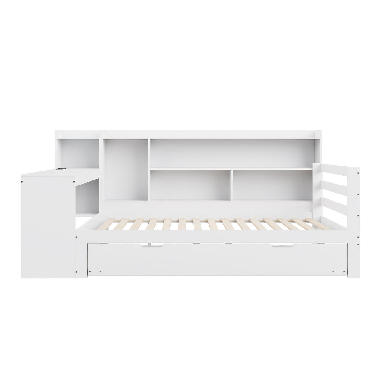 MULTIFUNKTIONSBETT 90/200 cm mit Ausziehbett, Schreibtisch, Regalen und Steckdose, Weiß - Weiß, Holzwerkstoff (90/200cm) - Redom