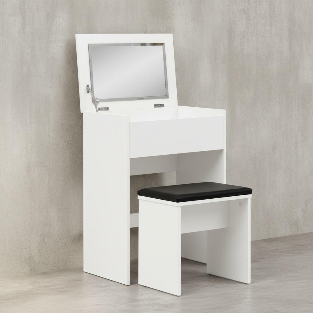 SCHMINKTISCH – Weiß, Klappspiegel & Hocker, Melaminharzbeschichtung, pflegeleicht & modern - Schwarz/Weiß, Holz/Textil (60/81/40cm) - KADIMA DESIGN