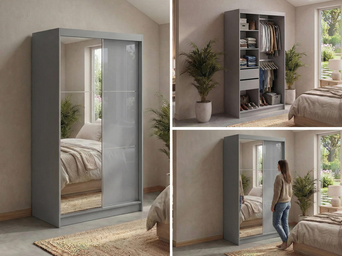 SCHWEBETÜRENSCHRANK mit Spiegel und Schubladen - WALENCJA - 120 - Grau lacobel - Alufarben/Grau, Holzwerkstoff/Metall (120/216/61cm) - MKS