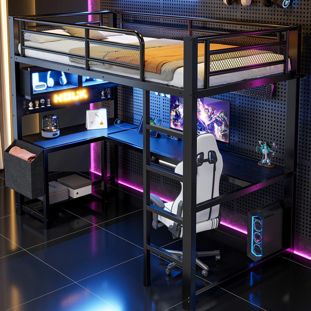 HOCHBETT 90/200 cm in Schwarz aus MDF und Metall mit Schreibtisch, LED und Steckdosen - Schwarz, Holzwerkstoff/Metall (90/200cm) - WISHDOR
