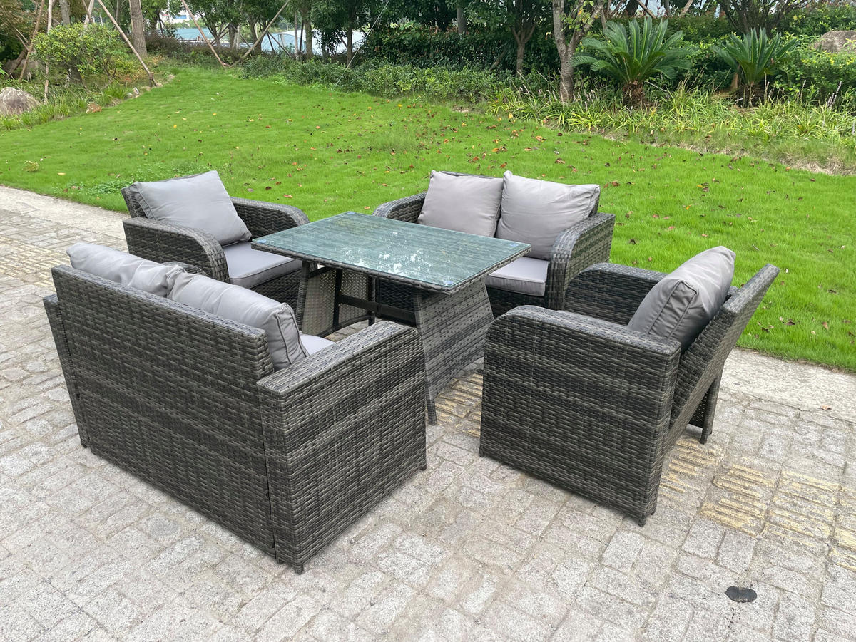 GARTENMÖBEL SET PE Polyrattan 6-Sitzer Grau - Dunkelgrau/Grau, Glas/Kunststoff - Fimous