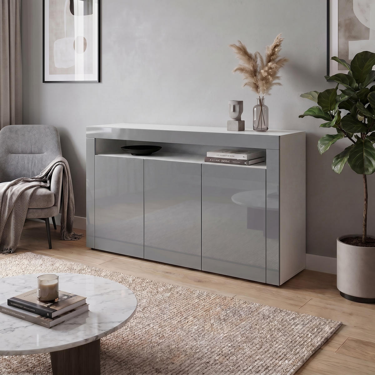 SIDEBOARD Valencia Grau Hochglanz / Grau Hochglanz - Grau, Holzwerkstoff (155/92/40cm) - Vladon