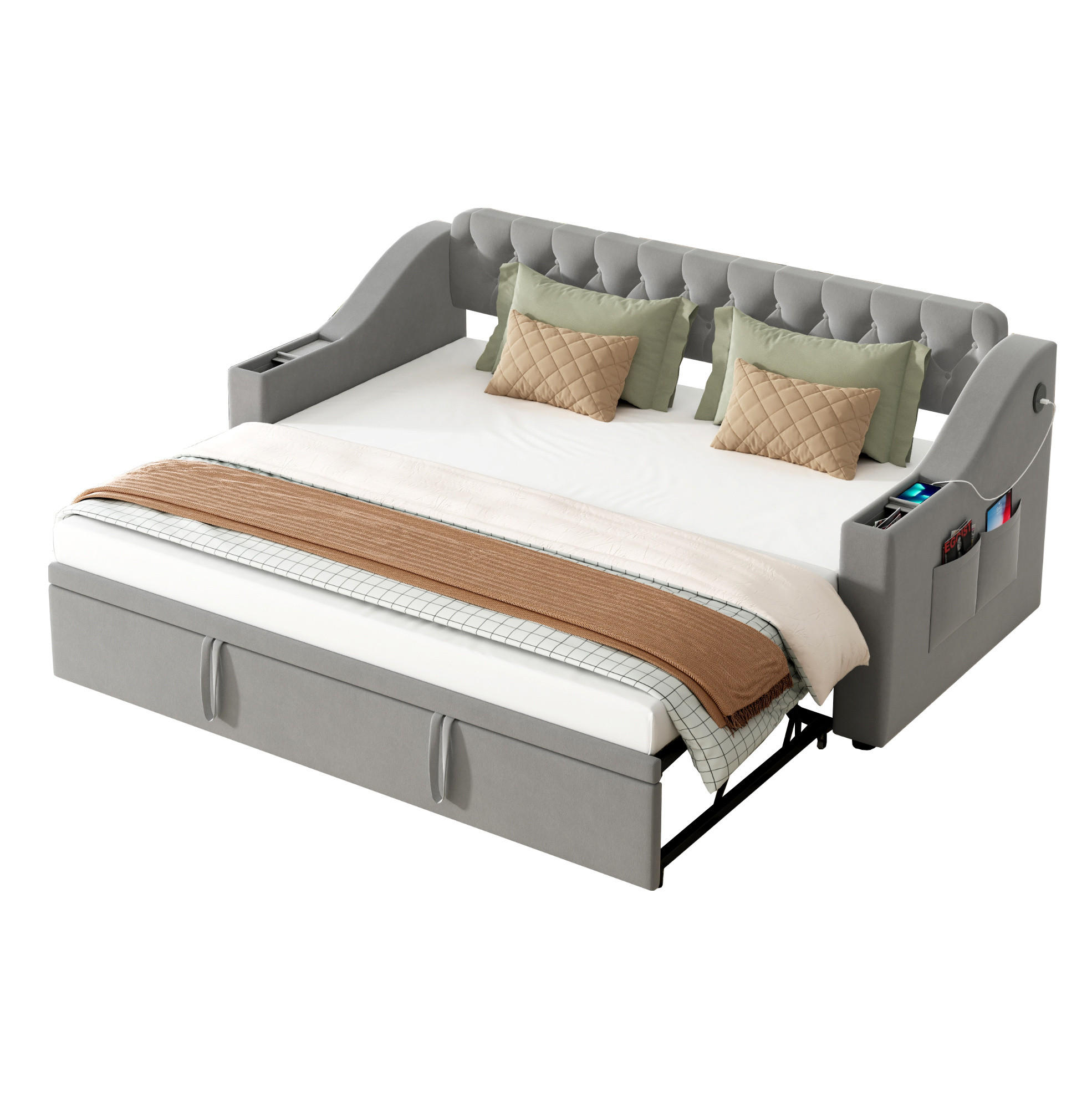 ČALÚNENÁ posteľ 90/190 cm sivá, rozkladacia, s úložným priestorom a USB - sivá, textil (90/180cm) - BEAOK