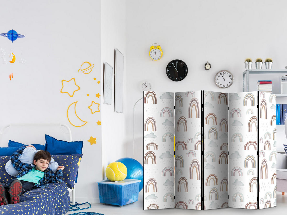 PARAVENT Beidseitig Bedruckter 5-tlg 225x172 cm Regenbogen Wolken - Multicolor, Holz/Textil (225/172/3cm) - Muralo