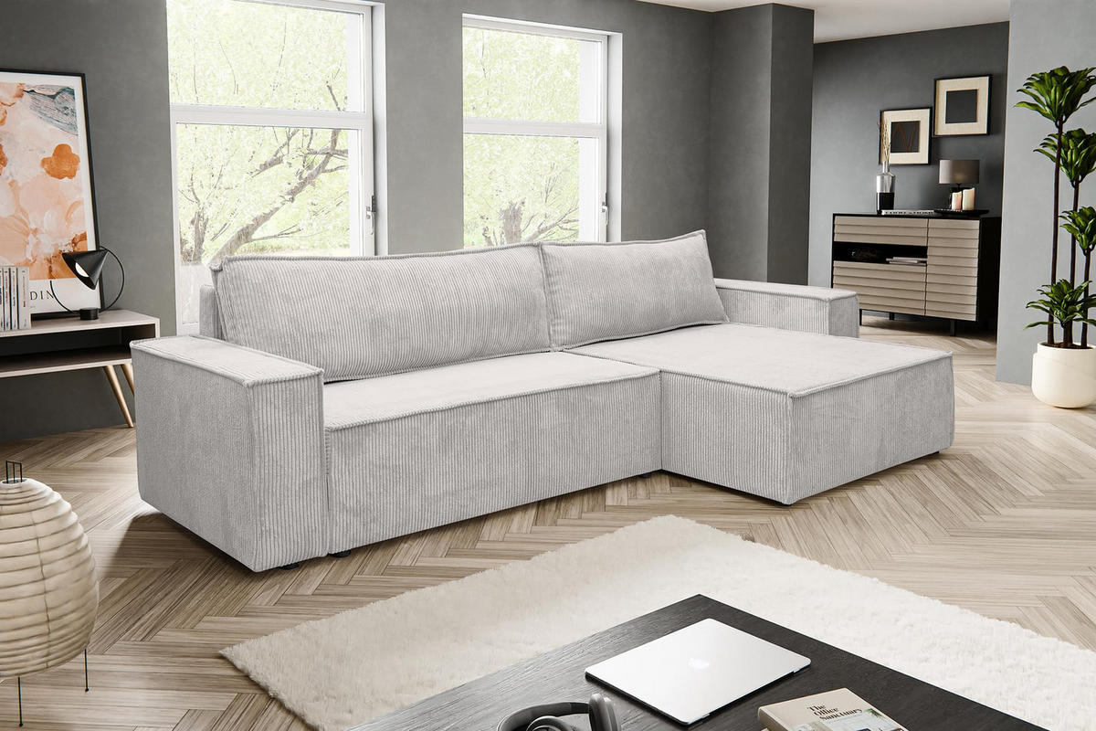 ECKSOFA HUGO XL Schlaffunktion und Bettkasten Cord-Stoff (Beige) - Beige, Textil (274/142cm) - VENASI MÖBEL