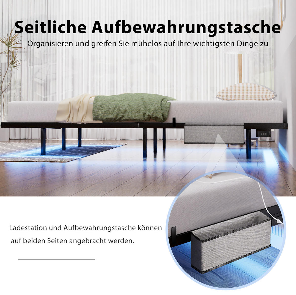 JUGENDBETT Metallbett 140/200 cm aus Stahl mit LED-Beleuchtung und Ladestation Schwarz - Schwarz, Metall (140/200cm) - Modenvie