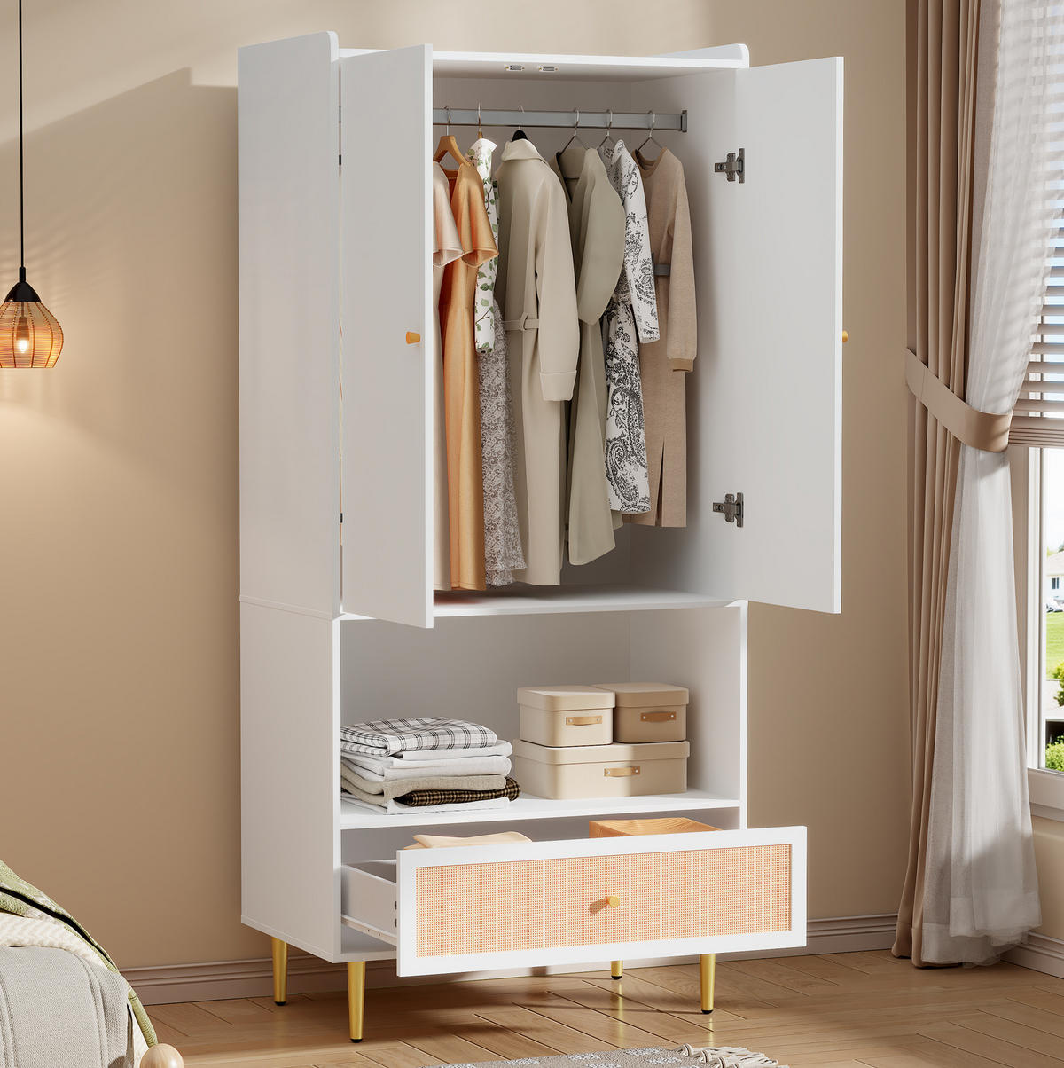 KLEIDERSCHRANK 80/48/175 cm weiß/natur aus Spanplatte mit Schublade - Weiß, Holzwerkstoff (48/175/80cm) - OKWISH
