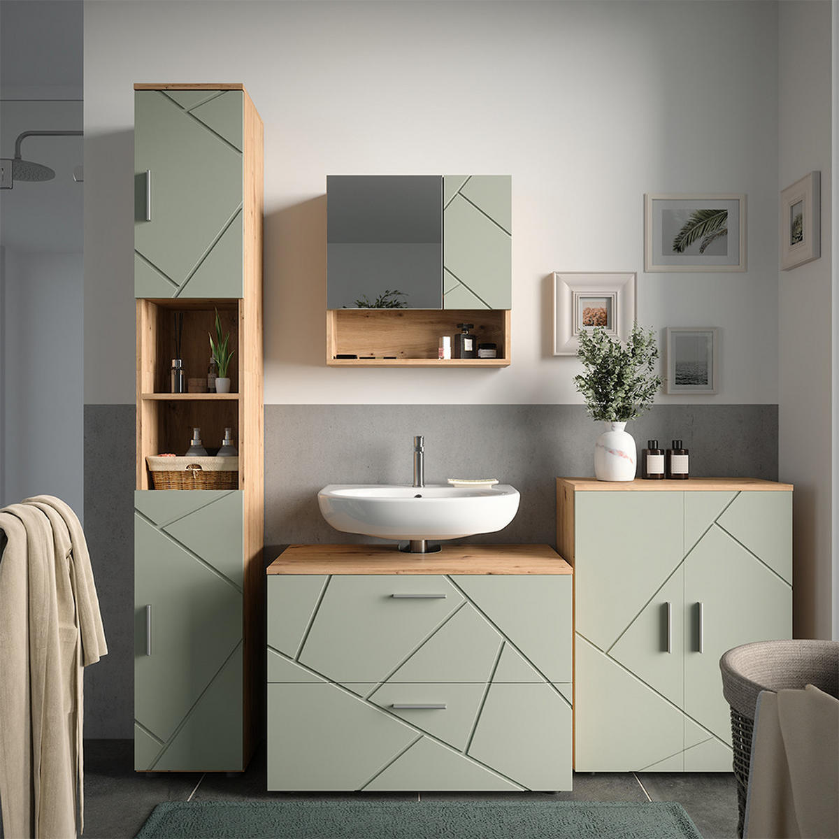 BADMÖBEL-SET Irma Salbeigrün 4 Teile - Salbeigrün, Holzwerkstoff (80/58.6/41cm) - Vicco