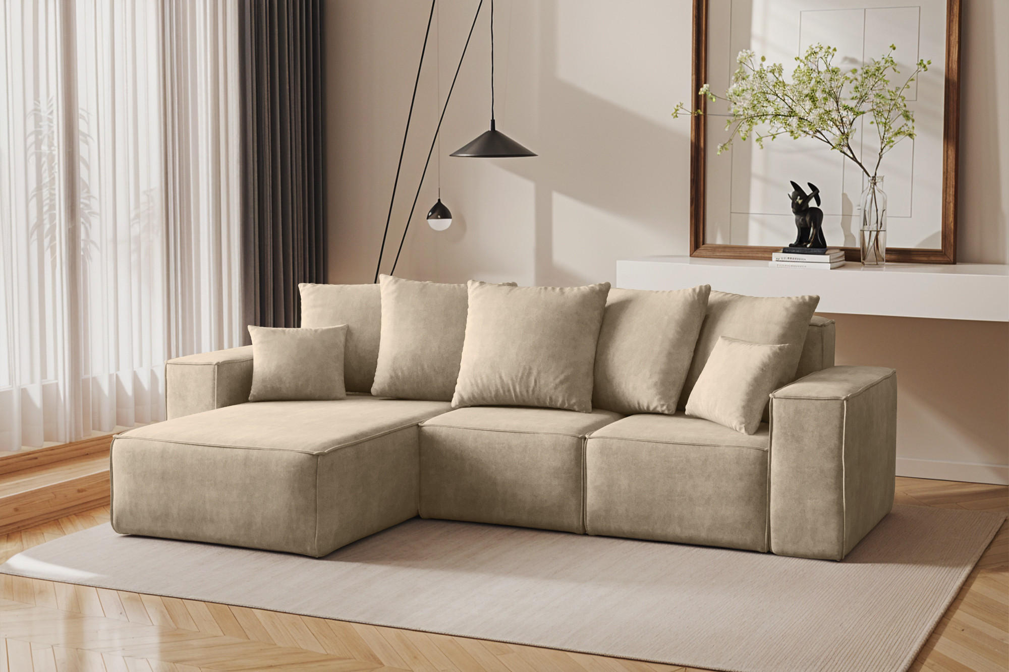 ECKSOFA L-Form Premium Kollektion ELLA Stoff Velours Noel Hellbeige Links - Ecru, Holz/Textil (168/262cm) - Kaiser Möbel
