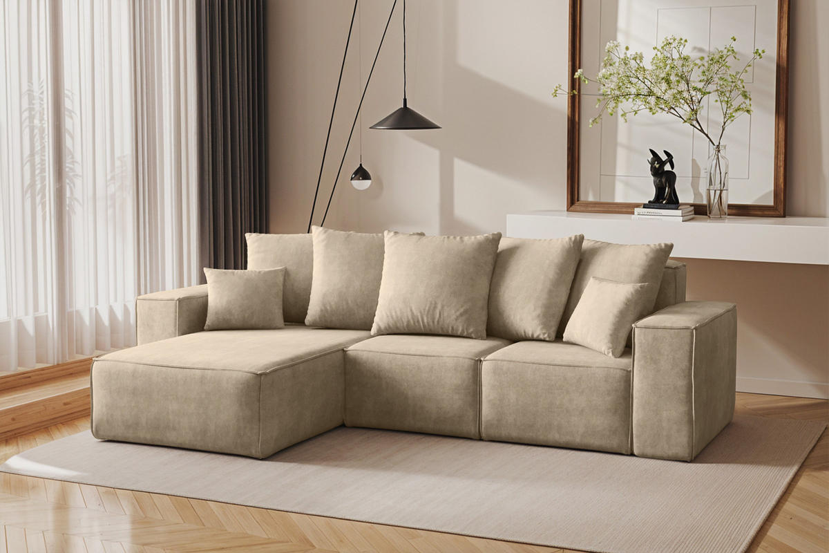 ECKSOFA L-Form Premium Kollektion ELLA Stoff Velours Noel Hellbeige Links - Ecru, Holz/Textil (168/262cm) - Kaiser Möbel