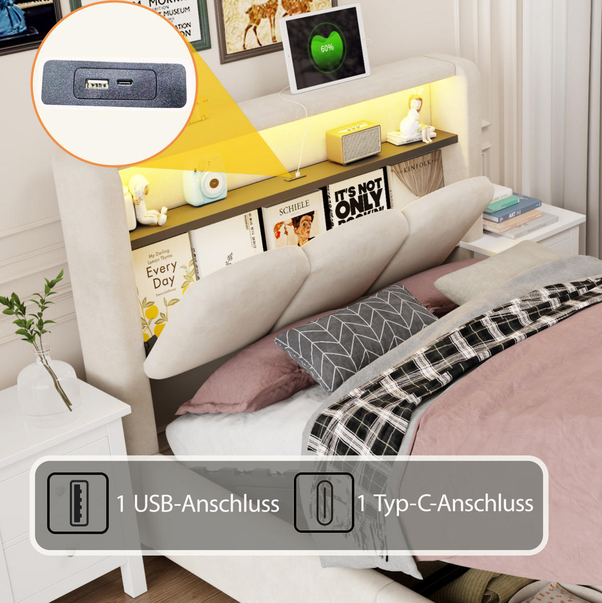 ČALOUNĚNÁ postel 90x200 cm s USB a Typ-C, LED osvětlením, úložným prostorem a sametovým čalouněním, Béžová - béžová, textil (90/200cm) - Redom