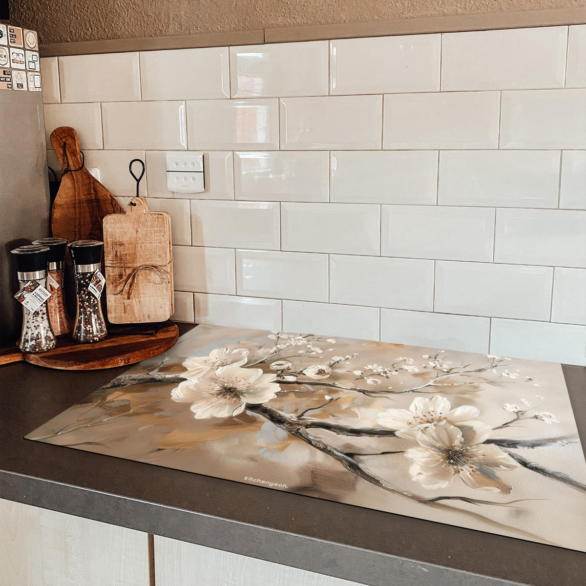 HERDABDECKPLATTE Blumen - Abstrakt - Gemalt - Beige 80x52 cm - Kaschmir, Kunststoff (80.2/0.2/52.2cm) - MuchoWow