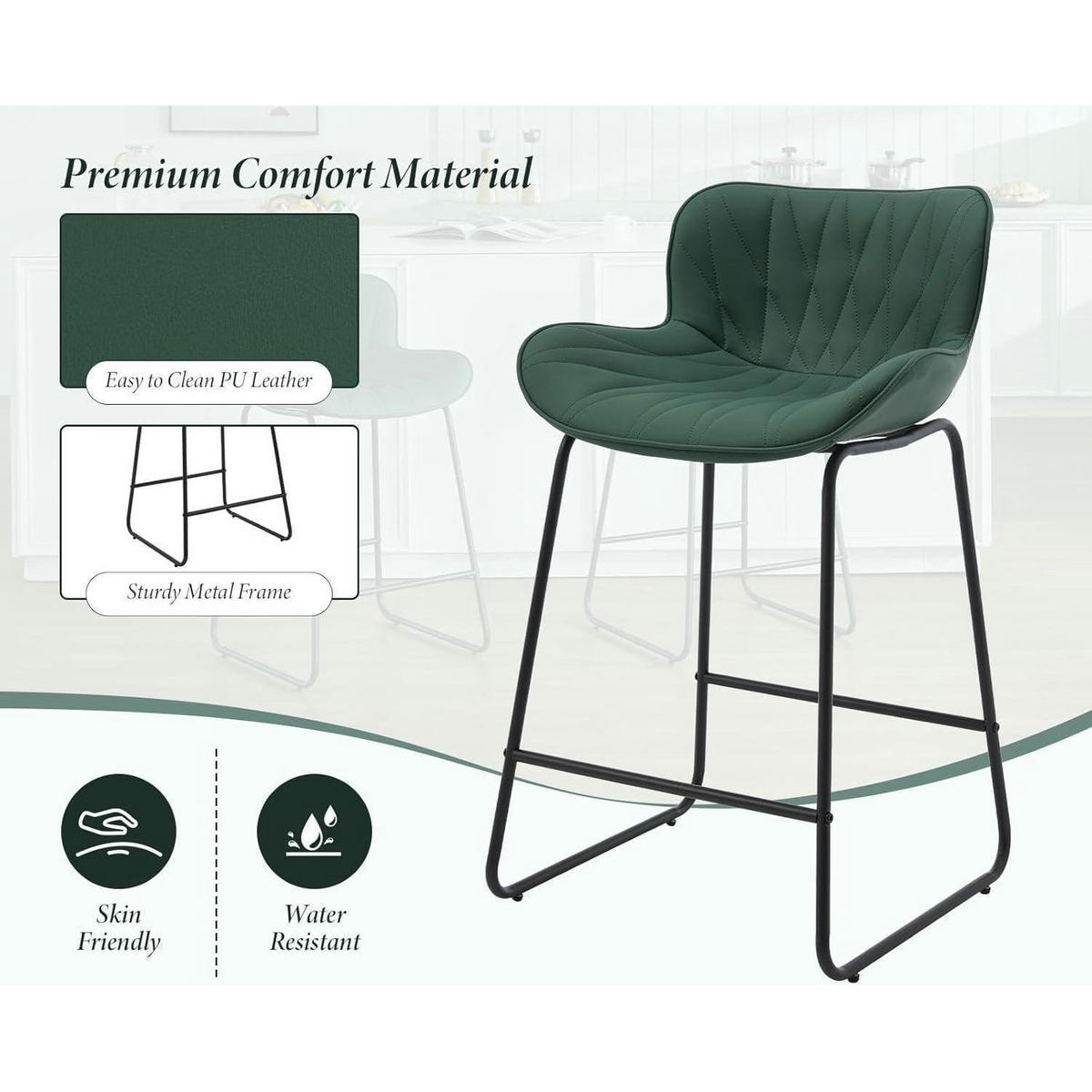 BARHOCKER 4er Set Grün Steppdesign Kunstleder Metallfüße - Grün, Kunststoff (52.6/87/52.5cm)