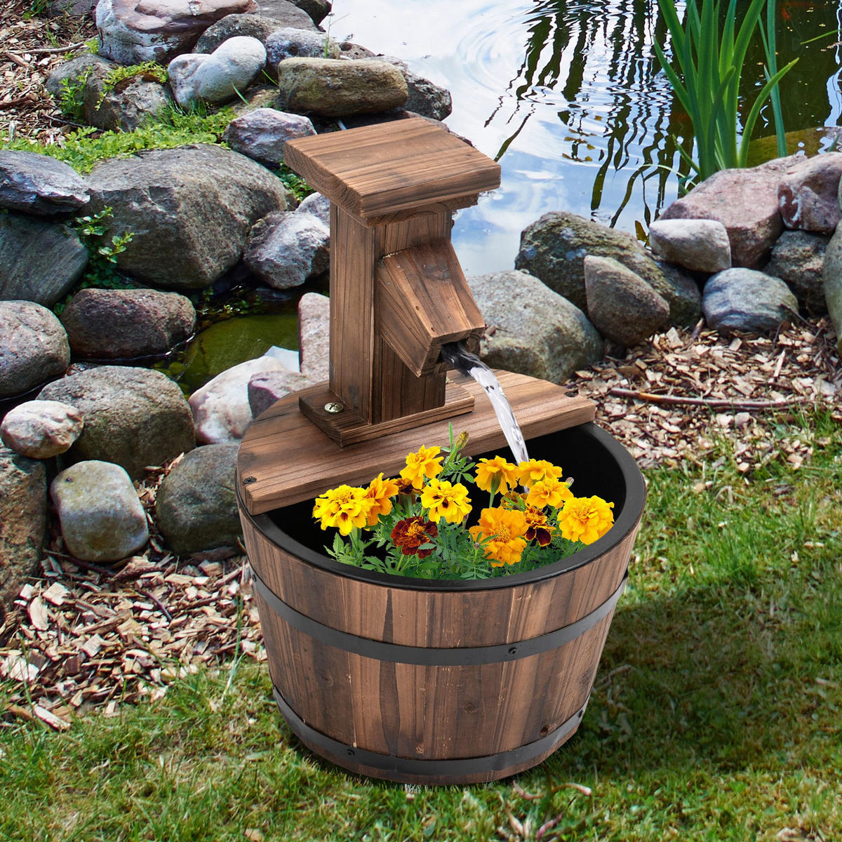 SPRINGBRUNNEN DE-10092 mit Holzeimer und Hahn, elektrisch Verkohlt - Naturfarben, Holz (27/27/37cm) - ComfortXL