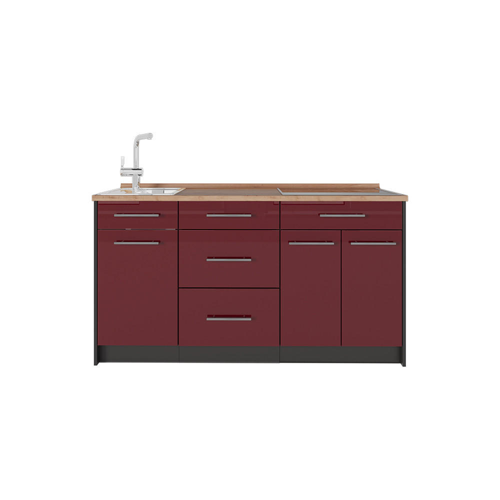 KÜCHENBLOCK Fame-Line, Bordeaux Hochglanz, 150 cm, AP Eiche - Bordeaux/Anthrazit, Holzwerkstoff (150/82/60cm) - Vicco