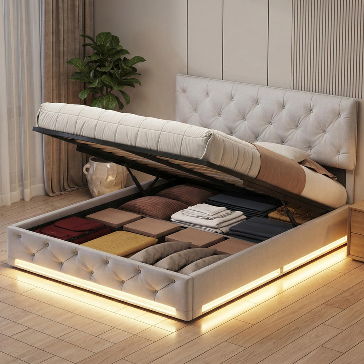 KLÄDD säng 140/200 cm beige med förvaringsutrymme och LED-belysning - Cremefärgad, Trä - SHOPENTRA