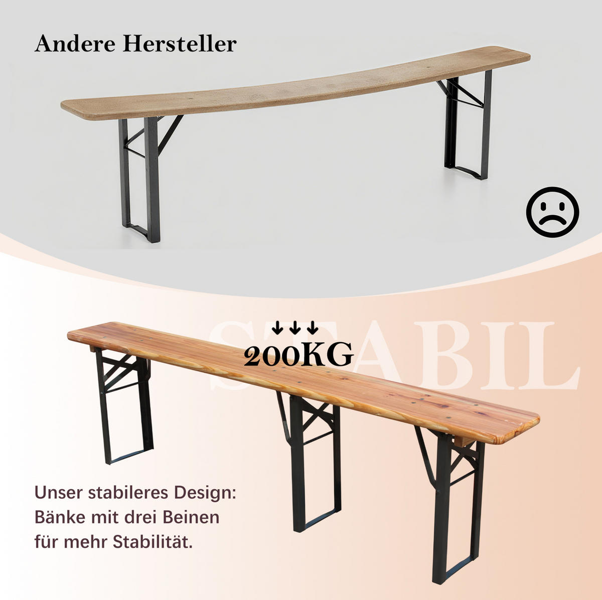 BIERZELTGARNITUR 177/46/78 cm, klappbar, 3-teilig, aus Holz und Metall, Natur - Braun, Metall - Redom