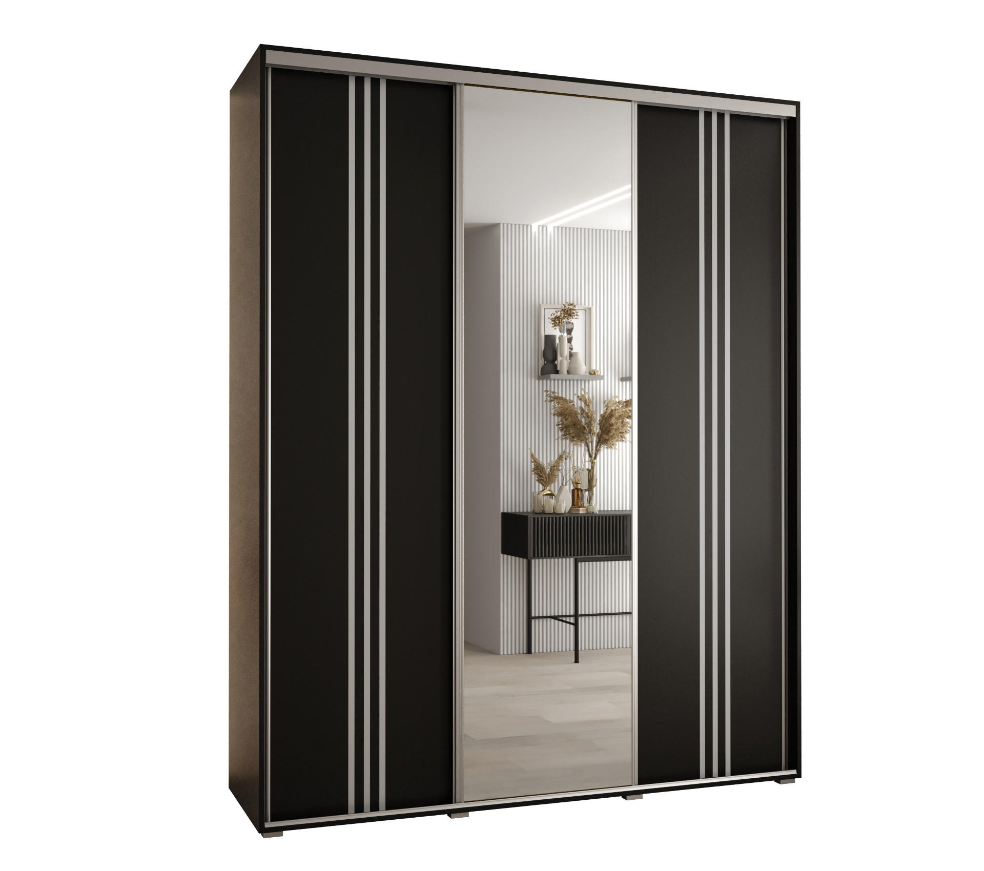 Abiks Möbel Schwebetürenschrank Schwarz, Schwarz, Silber 200x235x45 cm