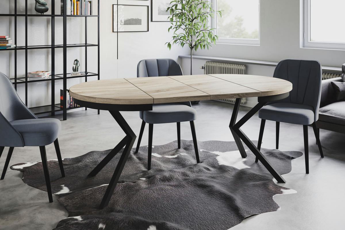 ESSZIMMERTISCH BERGO, ausziehbarer Tisch 100 cm/180 cm, Farbe: Beige, mit Metallbeinen in Farbe Schwarz - Schwarz/Sonoma Eiche, Holzwerkstoff (100/100/76cm) - Alpi-Möbel