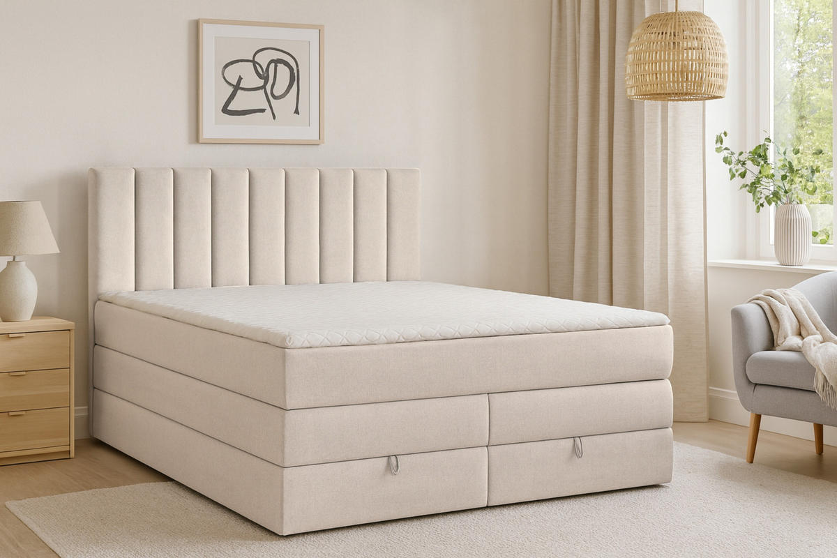 BOXBETT MEXICO 160/200 in Velours Ecru mit Doppelmatratze - Ecru, Holz/Holzwerkstoff (160/200cm) - Deine Möbel 24