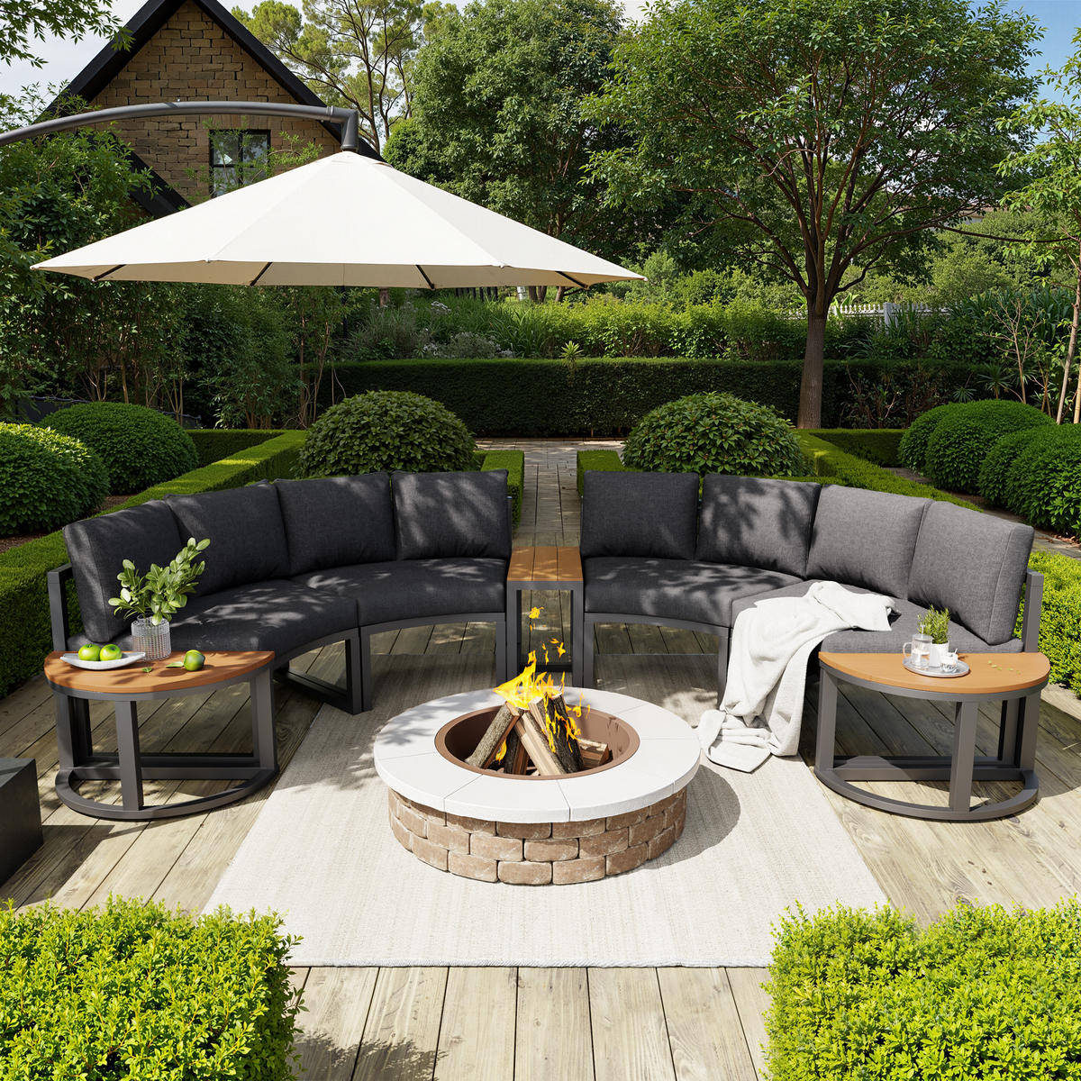 GARTENLOUNGE-SET Sitzgruppe für 4-6 Personen Gartensofa-Set mit Kissen verstellbar grau - Naturfarben/Grau, Holzwerkstoff/Textil - STILVORA