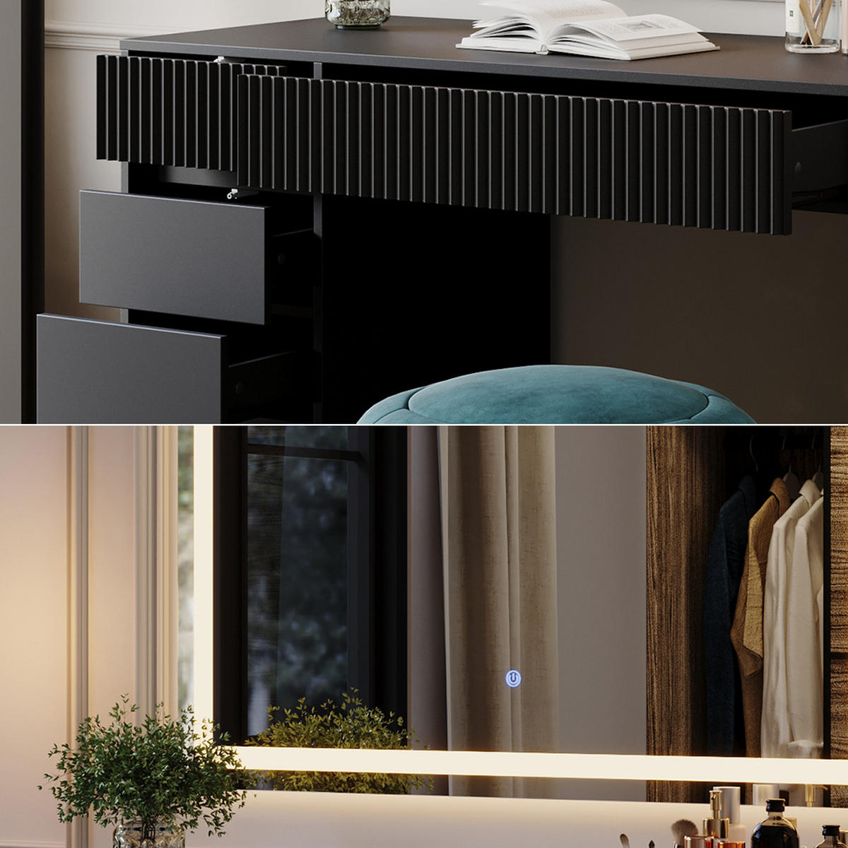 SCHMINKTISCH Omira Schwarz 120 cm mit LED-Spiegel - Schwarz, Holzwerkstoff (120/76/55cm) - Vicco