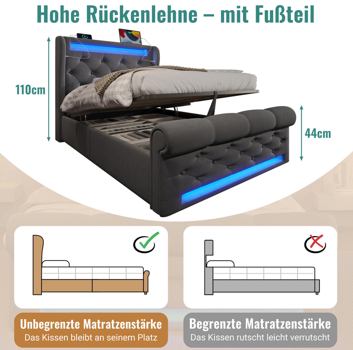 POLSTERBETT mit LED, Stauraum und USB 90x200 cm Samt Grau - Grau, Metall (90/200cm) - Meubliv