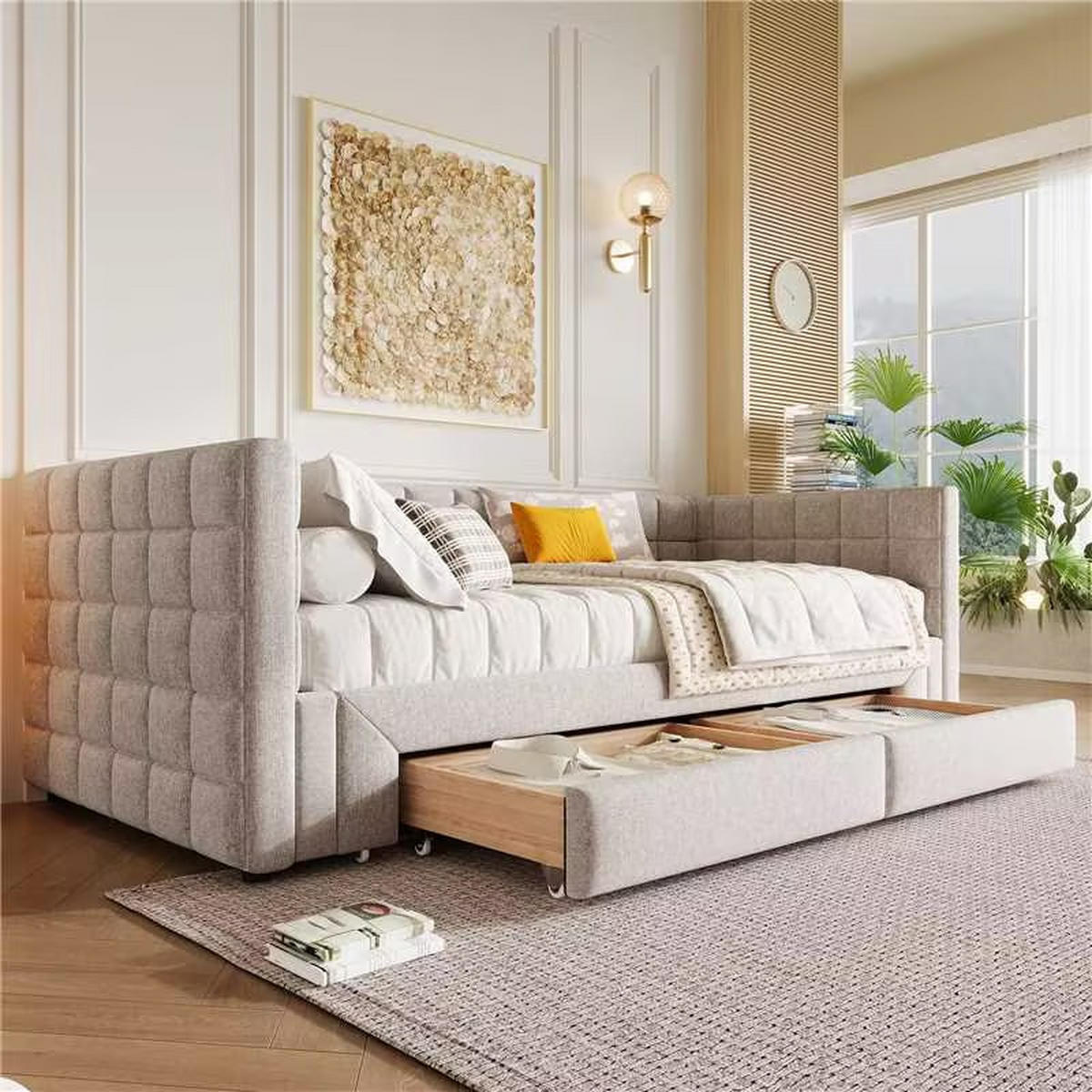 POLSTERBETT 90/200 mit Ausziehfunktion auf 180 cm, zwei Schubladen und Karorückenlehne aus Samt in Beige - Beige, Holzwerkstoff/Textil (90/200cm) - EVRYAE