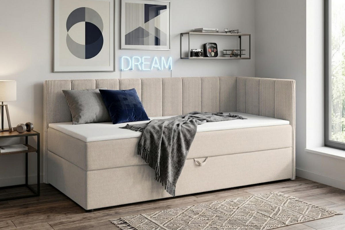 BOXBETT VIGO 90/200 cm in Cord/Velours Ecru H4 rechts - Ecru, Holz/Holzwerkstoff (90/200cm) - Deine Möbel 24