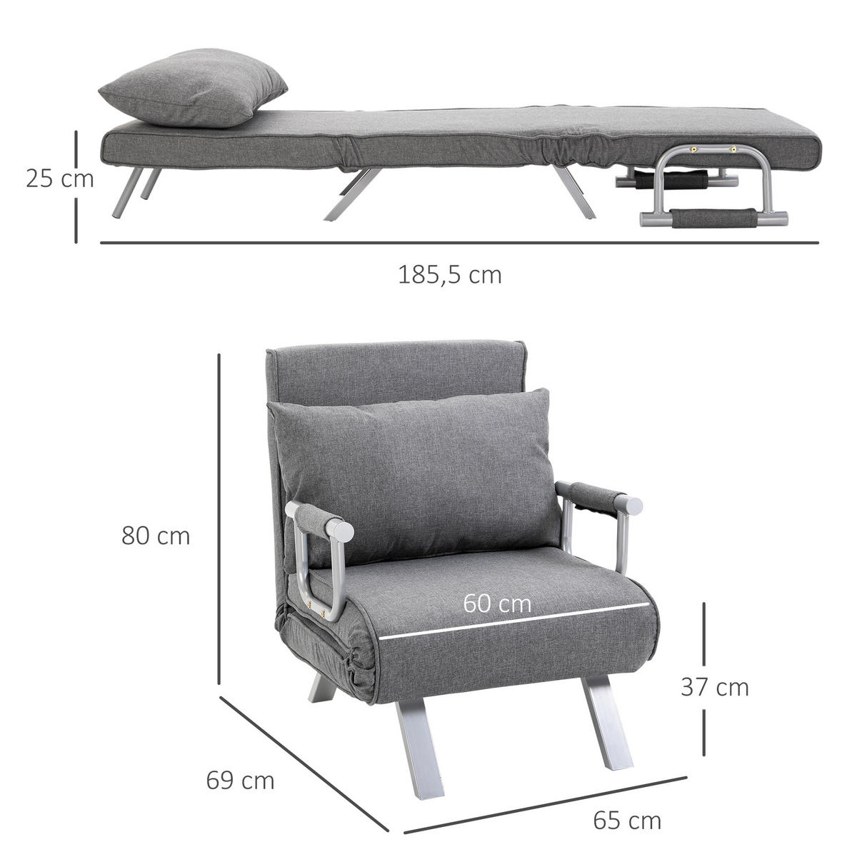 3-IN-1 Schlafsofa Schlafsessel Armlehne Klappbett Gästebett Chaiselongue Grau - Hellgrau, Kunststoff (69/80/65cm) - HOMCOM