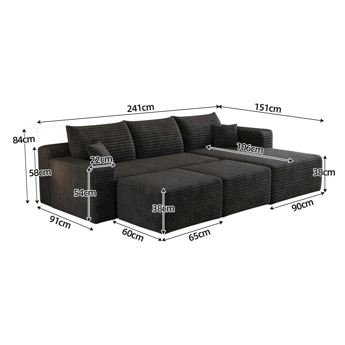 ECKSOFA 241/151/58 cm Schwarz aus Stoff mit Cordbezug und ohne Montage - Schwarz, Textil (151/241cm) - OKWISH