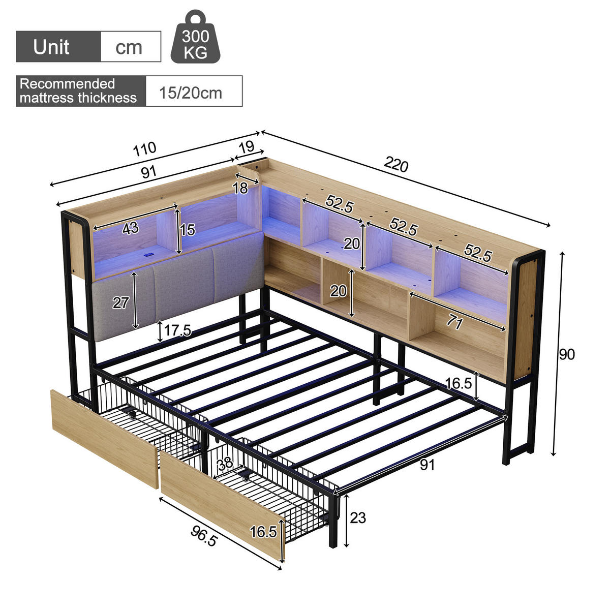 POLSTERBETT 90/200 cm in Natürlich mit 2 Schubladen, LED-Beleuchtung und USB-/Type-C-Ladeanschlüssen - Naturfarben, Metall (90/200cm) - Oxeza