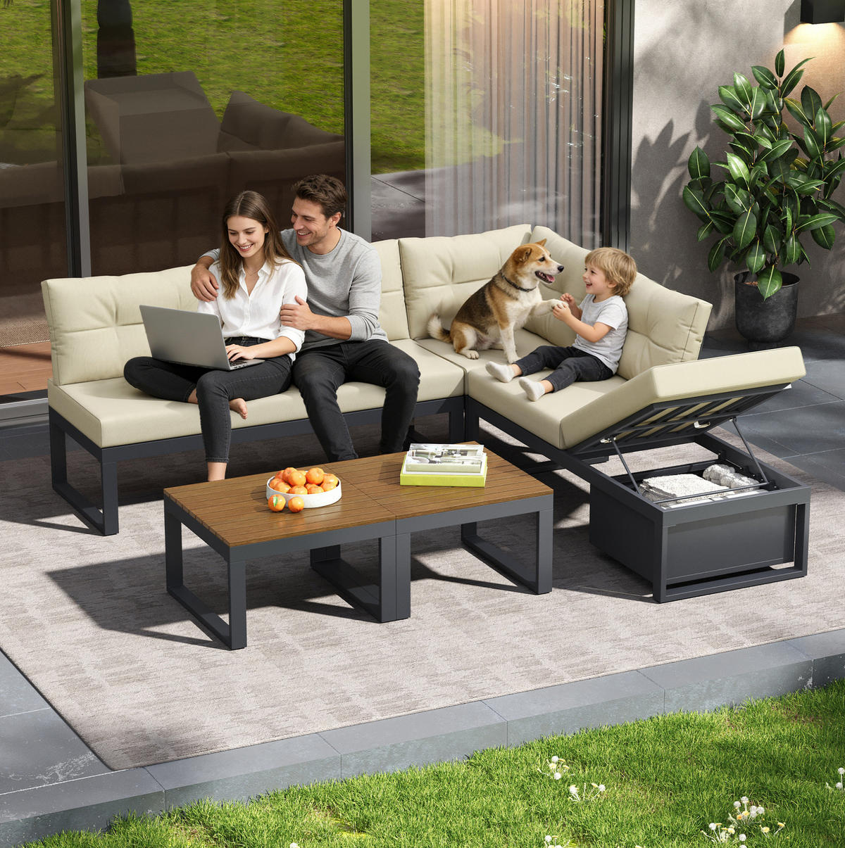 GARTENMÖBEL-SET 191,5/191,5/79 cm mit 3-fach verstellbarer Liegefunktion und Stauraum, Polyester, Beige - Beige, Textil - Redom