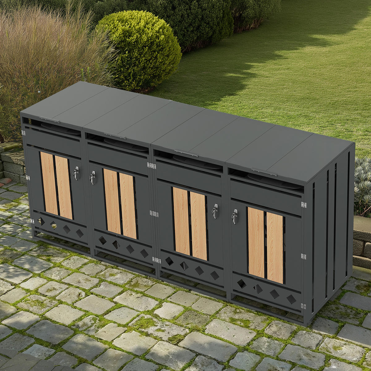 MÜLLTONNENBOX Klappdeckel 4 Türen Holzoptik vertikal - Grau, Metall (132/118.5/80cm) - LEBENLANG