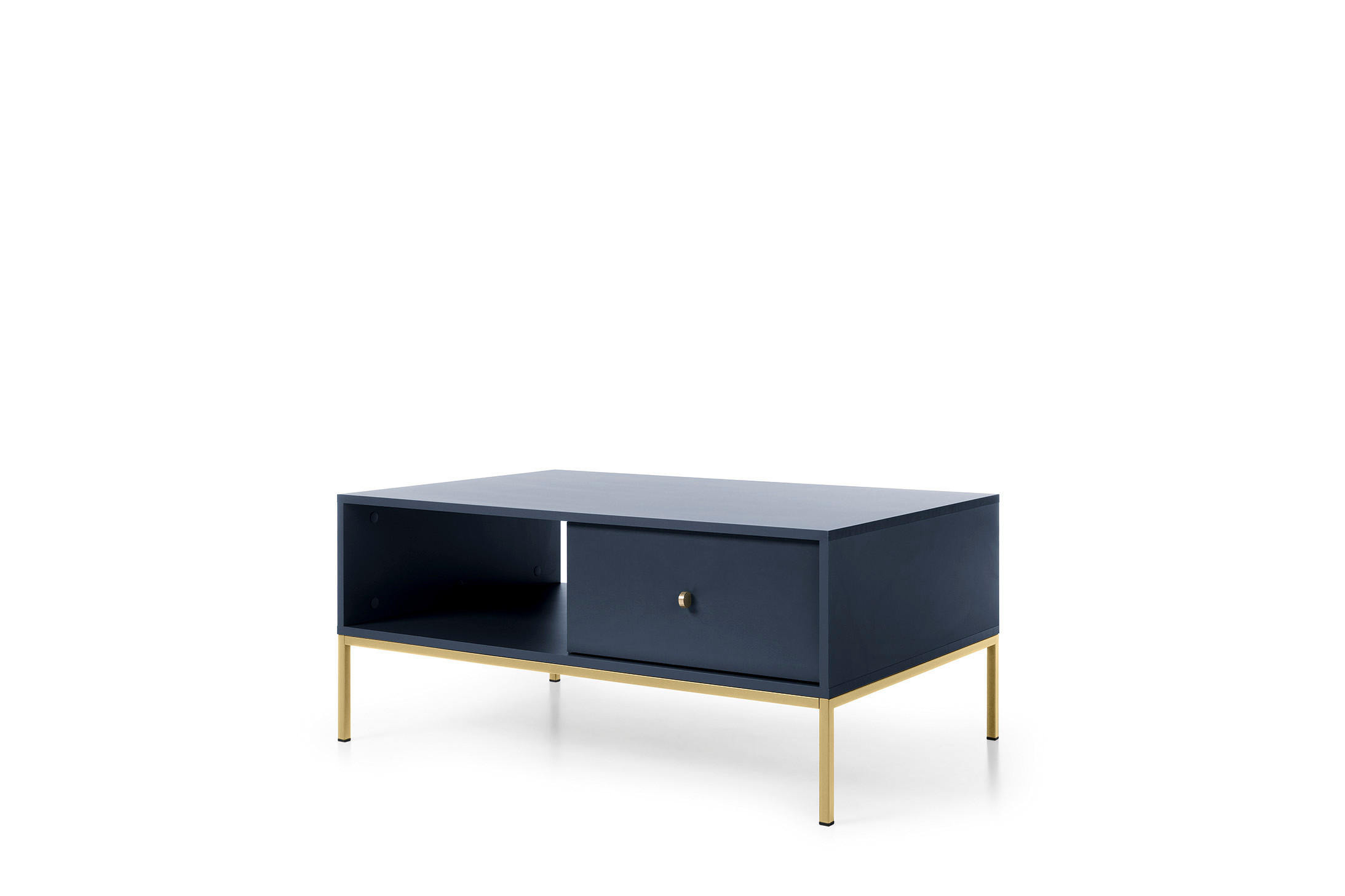 COUCHTISCH Molly Dunkelblau, Goldene Beine, Kaffeetisch mit Schubladen - Goldfarben/Dunkelblau, Holzwerkstoff/Metall (68/104/46cm) - Bettso