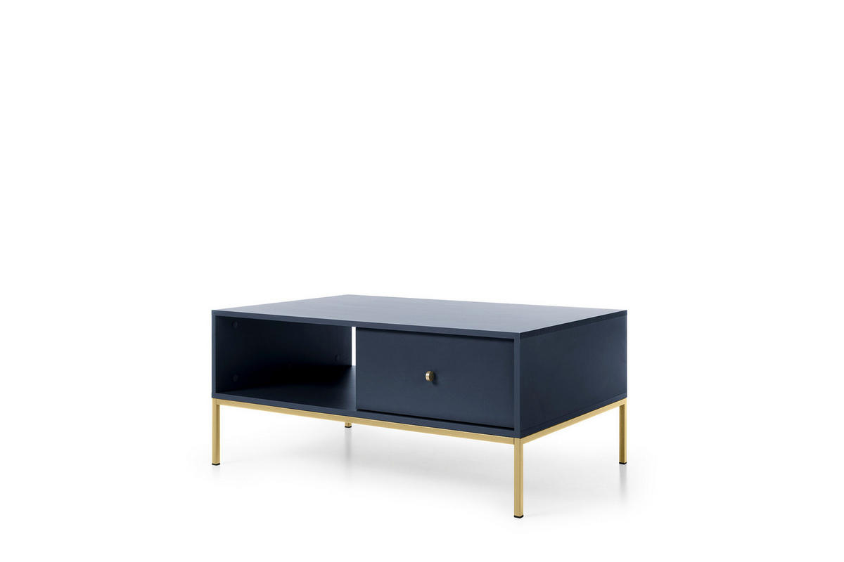 COUCHTISCH Molly Dunkelblau, Goldene Beine, Kaffeetisch mit Schubladen - Goldfarben/Dunkelblau, Holzwerkstoff/Metall (68/104/46cm) - Bettso