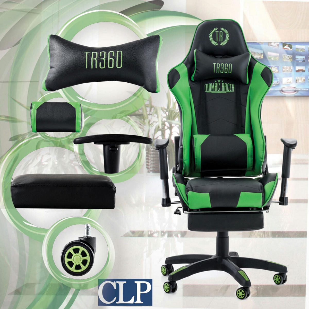 BÜROSTUHL Racing Turbine mit Fußablage, Schwarz/Grün - Grün, Kunststoff/Textil (67/142/58cm) - TPFLiving