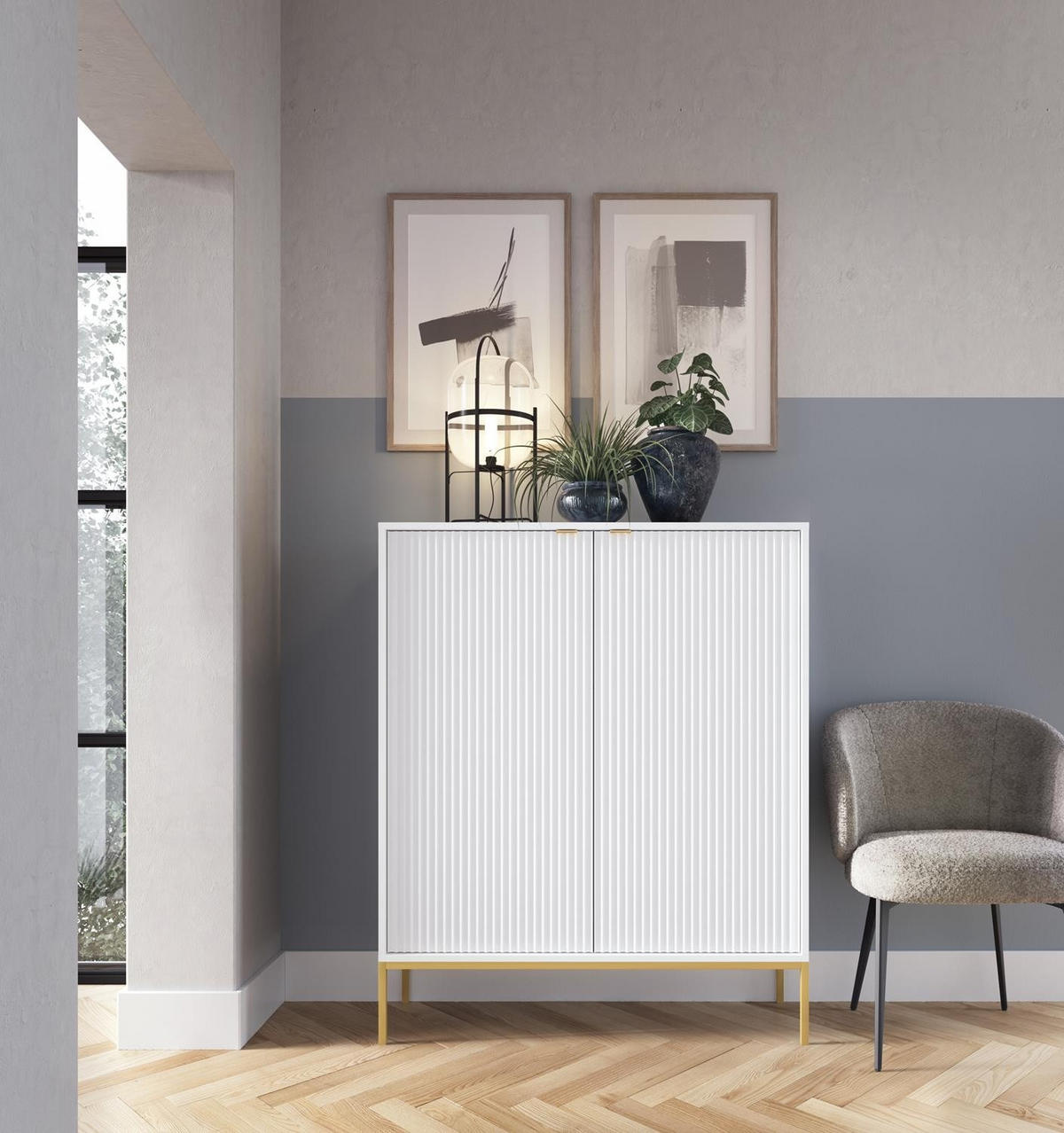 HIGHBOARD Nova Weiß, Golden Beine - Goldfarben/Weiß, Holzwerkstoff/Metall (104/125/39cm) - Bettso