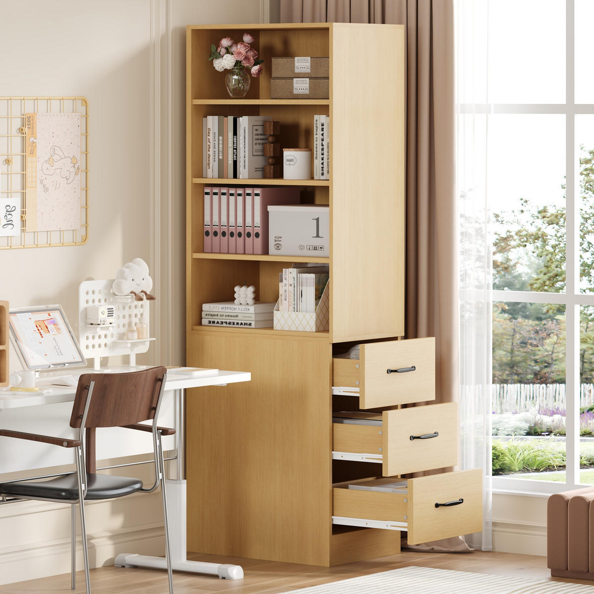 BÜCHERREGAL 180cm schmal Schubladen verstellbar links/rechts modern - Eichefarben, Holzwerkstoff (60/180/30cm) - FLIEKS