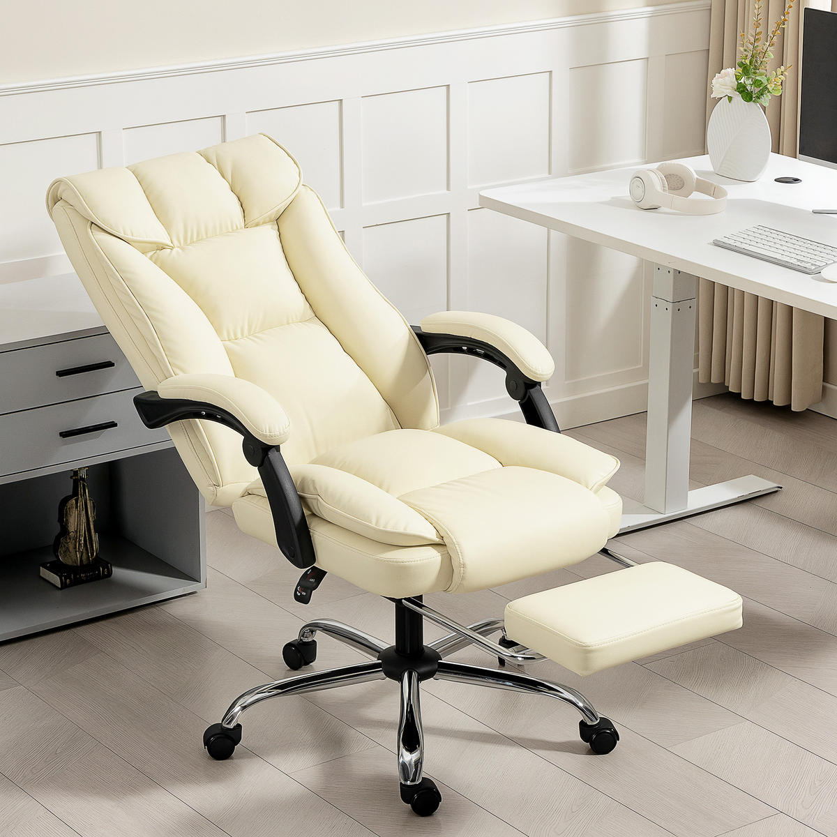 BÜROSTUHL Ergonomischer Schreibtischstuhl mit Verstellbar Rückenlehne Beige - Beige/Silberfarben, Kunststoff/Textil (66/121/72cm) - HOMCOM