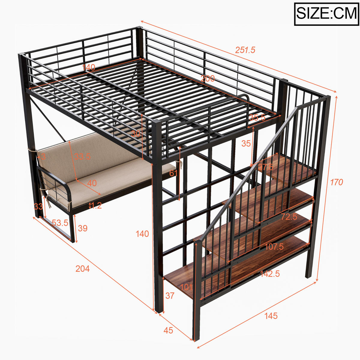 HOCHBETT 140/200 cm aus Metall mit Polstersofa und Stauraumleiter, Schwarz - Schwarz, Metall (140/200cm) - OKMYHOME