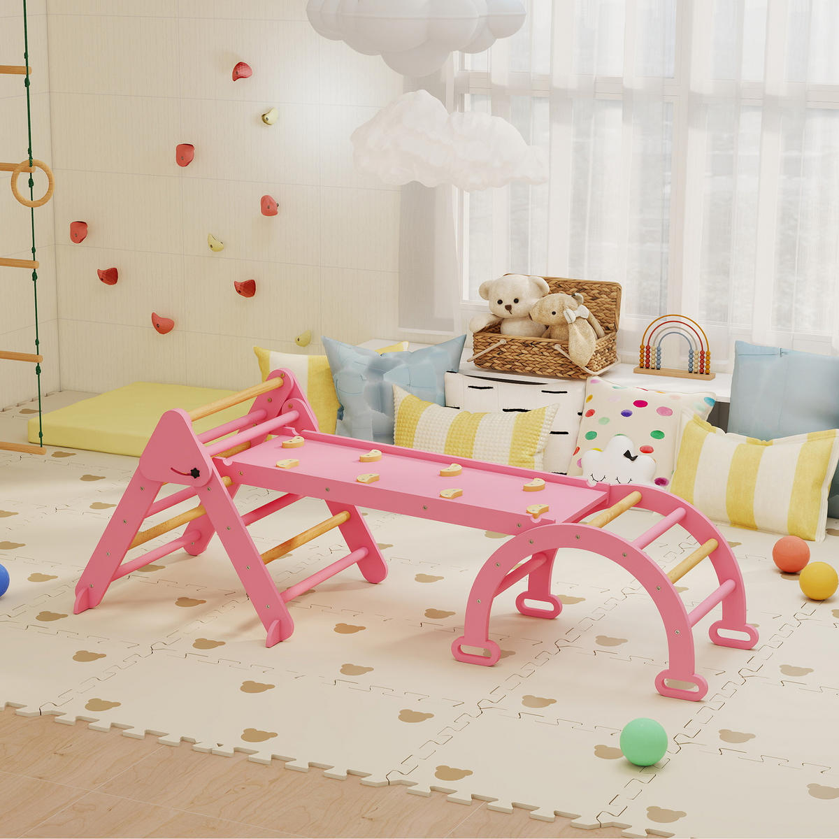 KLETTERGERÜST 7-in-1 DE-09885 Natur - Pink, Holz (70/59/188cm) - ComfortXL